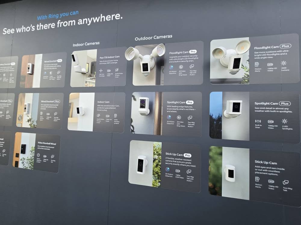 Complete security camera product lineup including indoor cameras, outdoor cameras, floodlight cams, and spotlight cameras with Ring integration