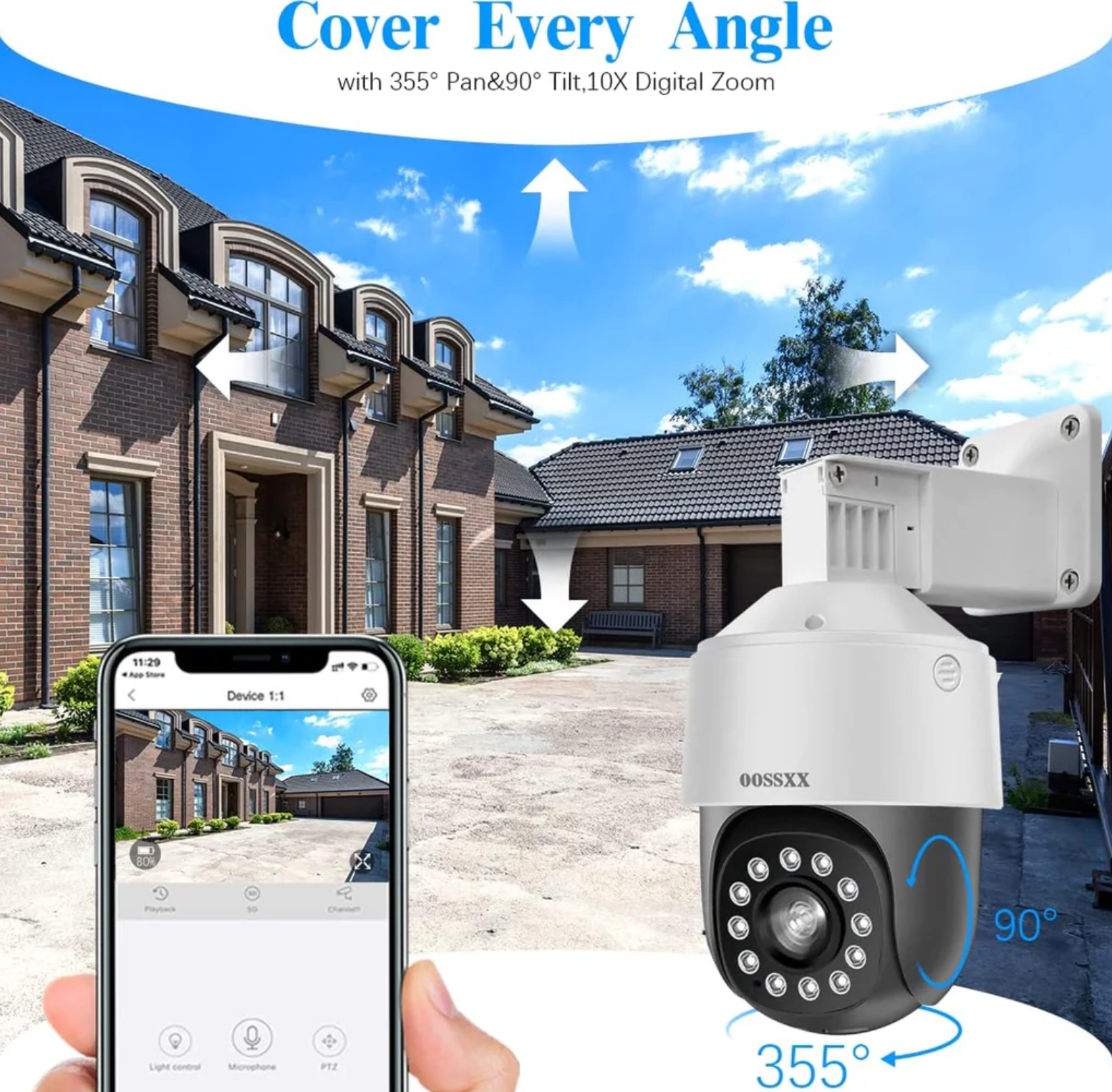Advanced PTZ security camera with 355° pan and 90° tilt, 10X digital zoom, complete mobile app control covering every angle