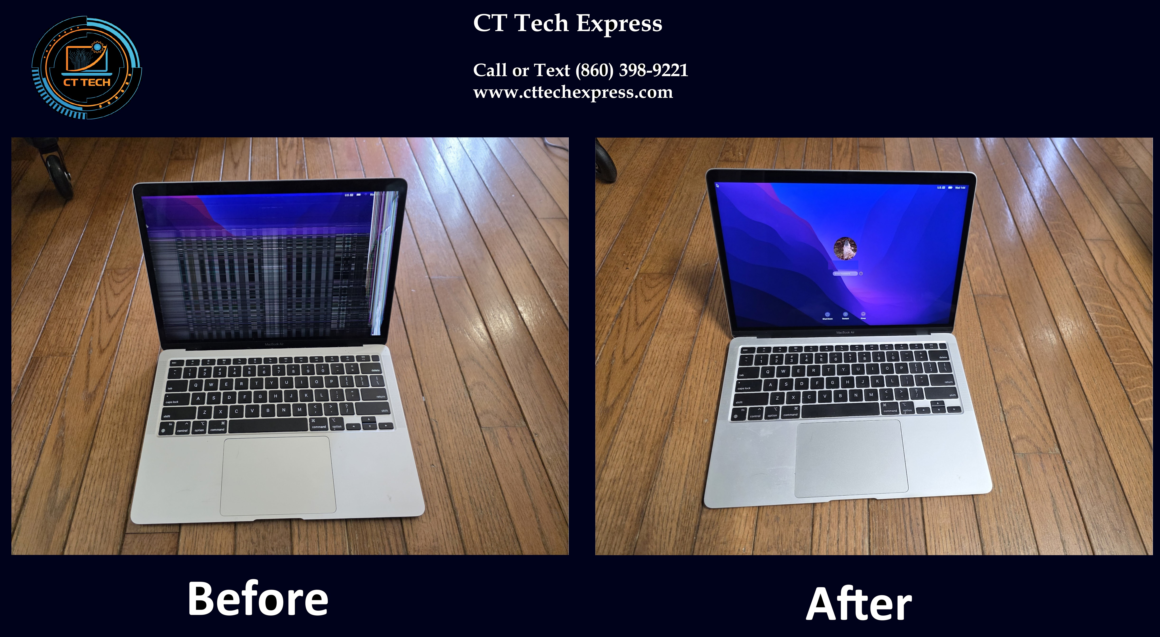 MacBook repair before and after - CT Tech Express professional laptop repair service showing damaged screen to fully restored MacBook