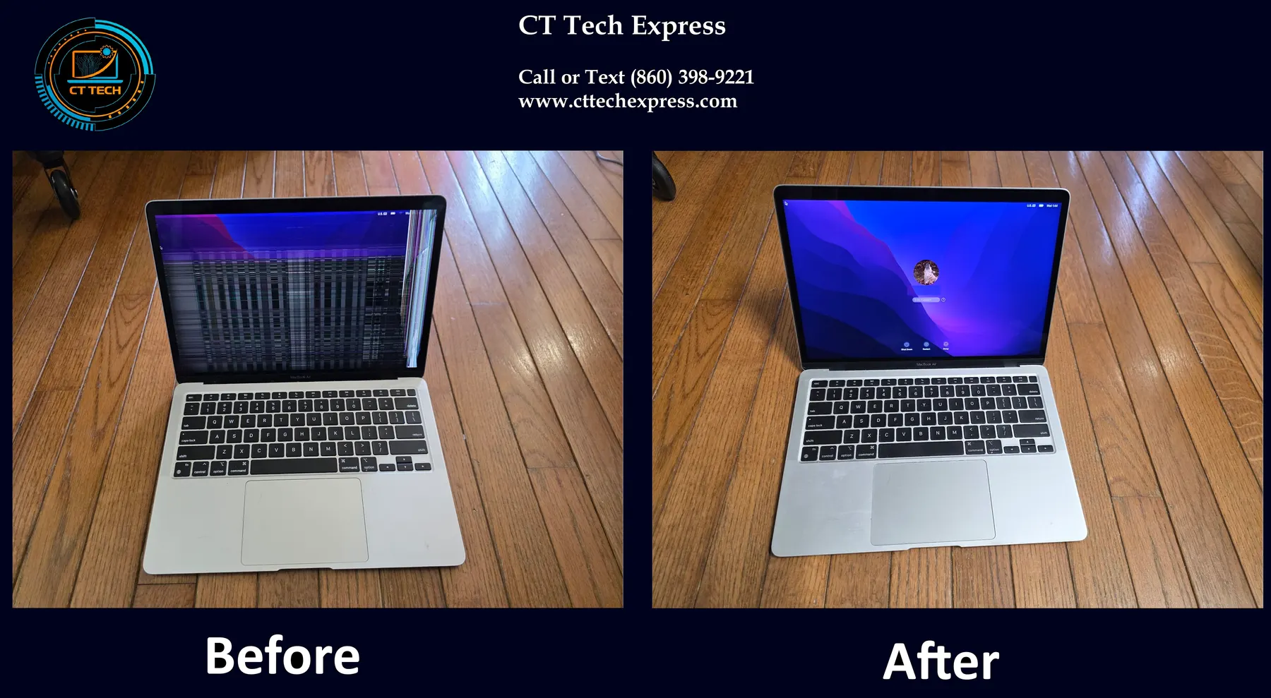 MacBook repair before and after: CT Tech Express professional laptop repair service showing a damaged screen restored